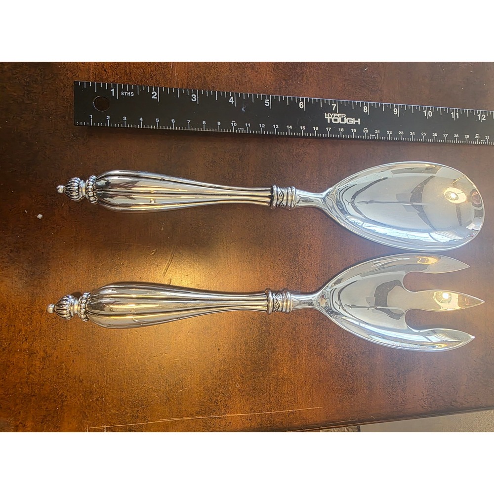 Vint Silver Tone Salad Serving Set Fluted Handle Beaded Finial Spoon Fork 11.5in